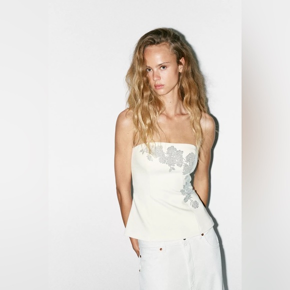 Zara Tops - Zara White Strapless Top with Silver Floral Design